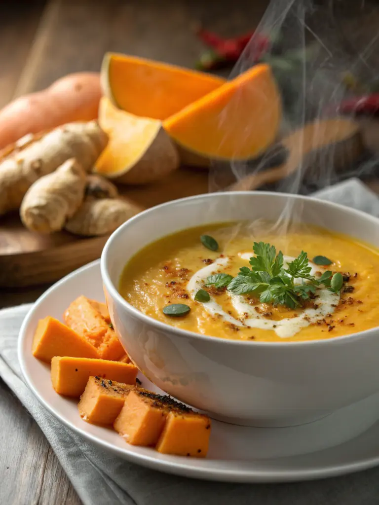 Cremige Kürbissuppe mit Ingwer und Kokosmilch