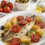 Mediterraner Ofen-Fisch mit Tomaten, Oliven und Kartoffeln