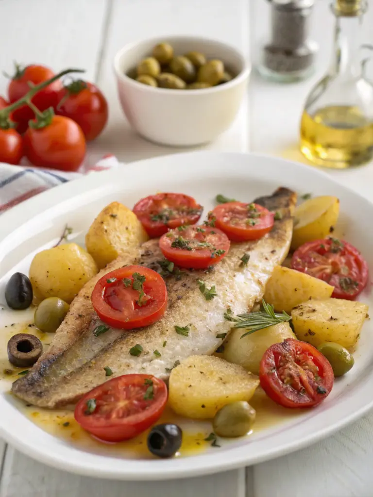 Mediterraner Ofen-Fisch mit Tomaten, Oliven und Kartoffeln
