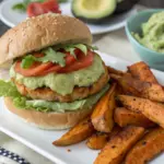 Puten-Burger mit Avocado und Süßkartoffel-Wedges