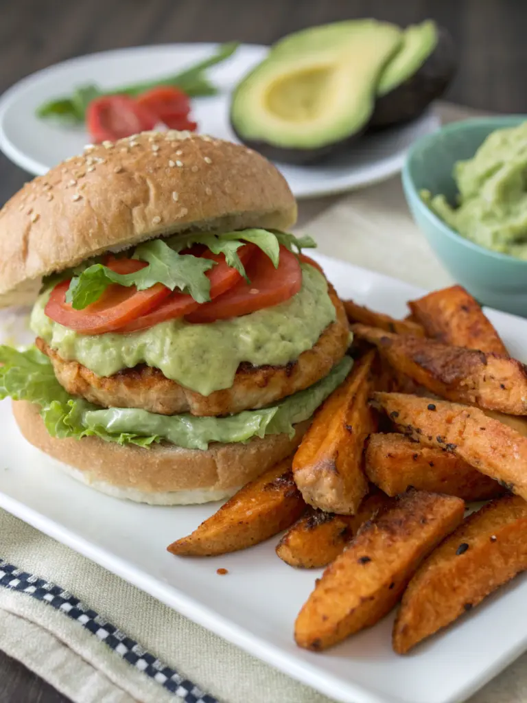 Puten-Burger mit Avocado und Süßkartoffel-Wedges