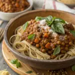 Vegane Linsen-Bolognese mit Vollkornnudeln