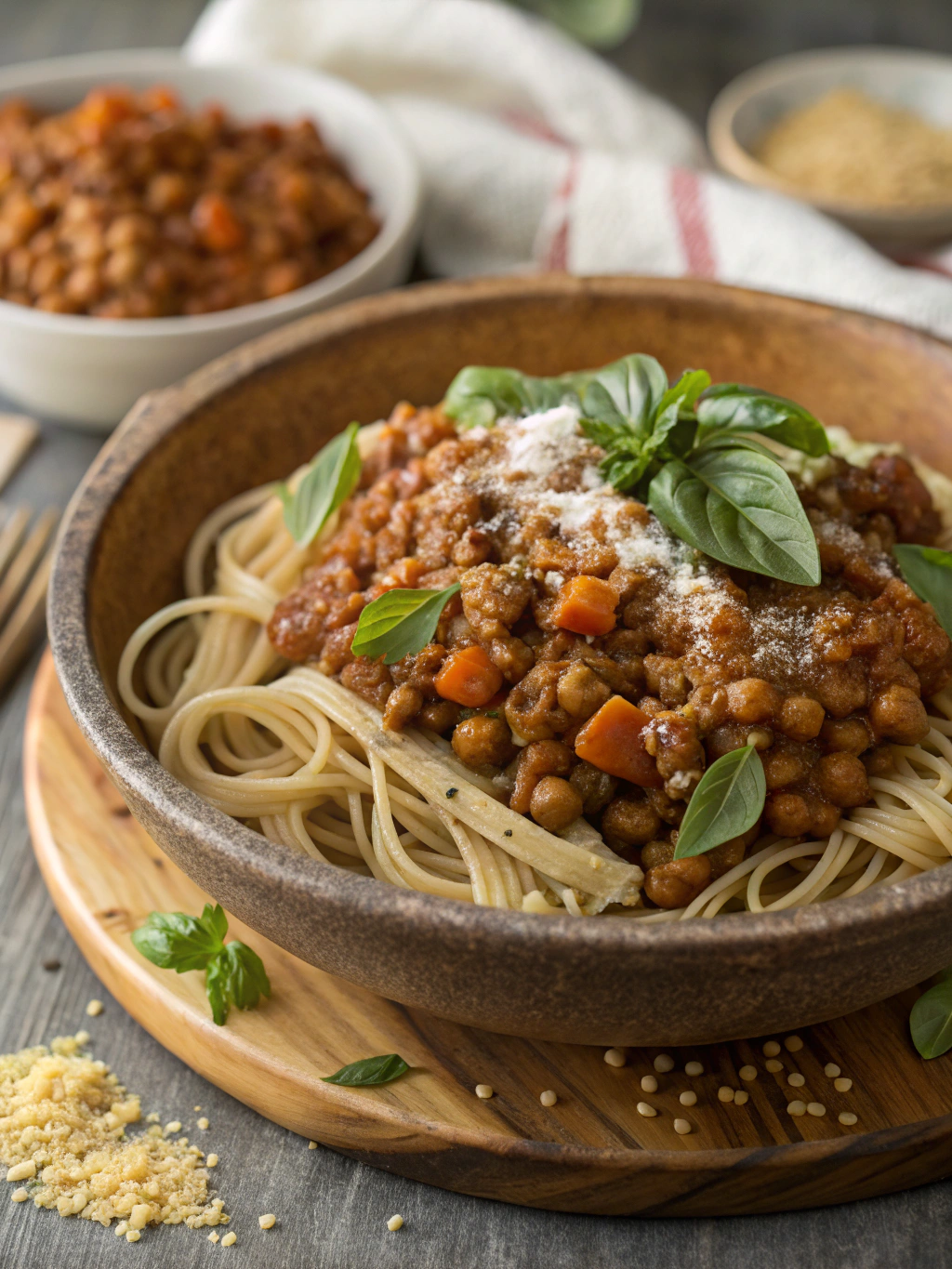 Vegane Linsen-Bolognese mit Vollkornnudeln